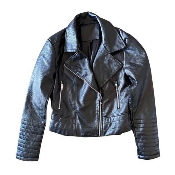 Black (faux) Crocodile Skin Leather Jacket Sz S - Picture 2 of 5